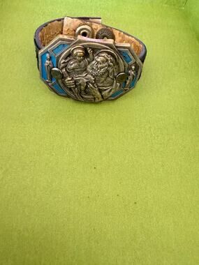 Vintage Handmade St. Christopher religious medallion leather bracelet